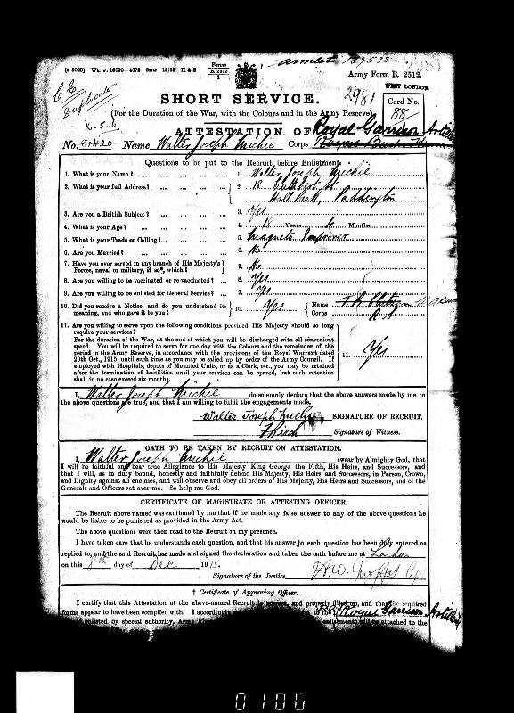 Michie (Walter Joseph) 1915 Military Record 2512